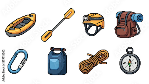 Outdoor adventure pixel art: kayaking and camping essentials