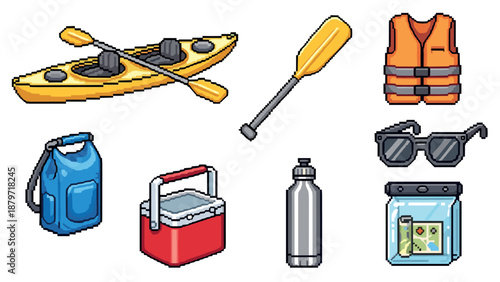 Pixel art adventure gear with kayaking essentials and outdoor equipment