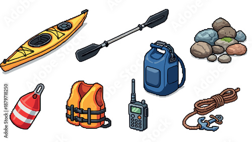 Outdoor adventure equipment in pixel art style: kayak, paddle, and safety gear