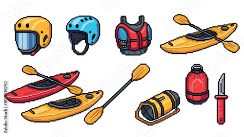 Pixel art kayaking gear set with kayaks, paddles, helmets, and camping equipment