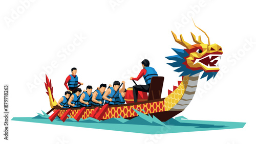 Dynamic dragon boat racing with rowers in colorful geometric style