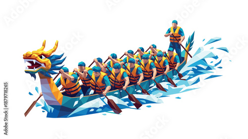 Low poly dragon boat racing with team rowing in unison on water