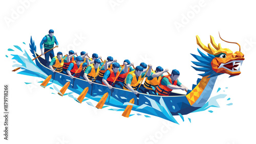 Team racing in colorful low poly dragon boat on dynamic water