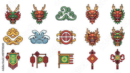 Traditional chinese dragon icons with cultural symbols in colorful pixel art style