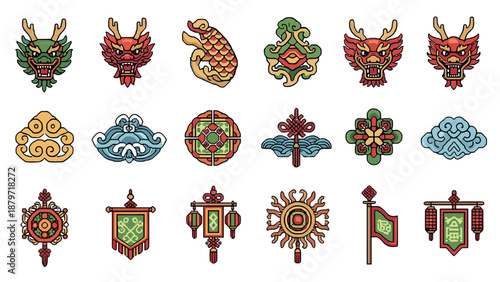 Traditional east asian ornament collection with dragons, clouds, and lanterns