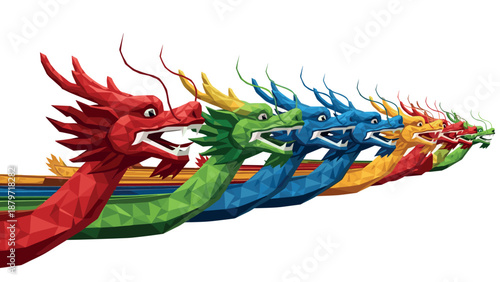 Colorful low poly dragon boat race featuring vibrant rowing dragons