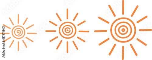 Vector illustration set of three orange sun icons featuring central spiral cores and clean radiating straight line ray designs