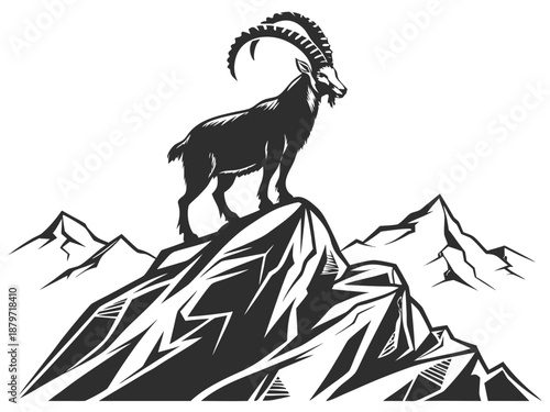 Ibex standing proudly on rocky peak overlooking mountainous landscape