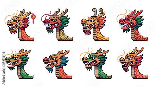 Pixel art dragon heads collection with diverse color variations and expressions