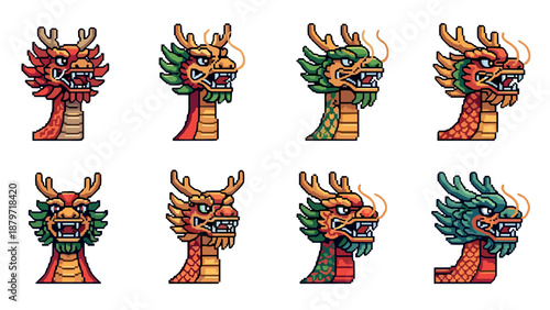 Pixel art chinese dragon heads in retro game style - diverse colors and details