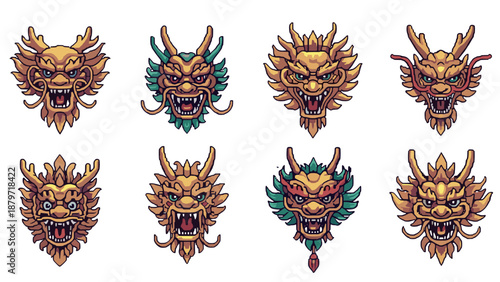 Ornate dragon masks: detailed, colorful, asian inspired mythical creatures