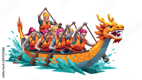 Vibrant polygonal dragon boat race with team of rowers in motion