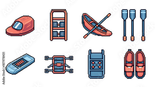 Pixel art water sports equipment collection featuring kayak and rafting gear