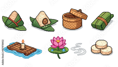 Pixel art asian cuisine and relaxation elements with lotus and aromatherapy