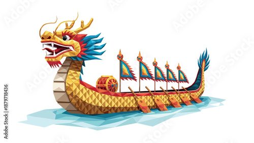 Colorful geometric dragon boat with detailed patterns on water
