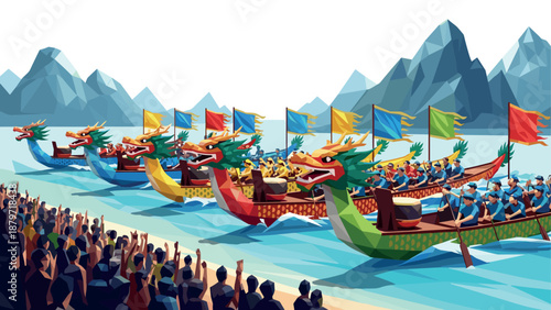 Colorful dragon boat festival with rowers racing across scenic mountain lake