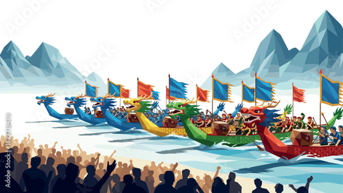 Colorful dragon boat race with vibrant banners and enthusiastic crowd