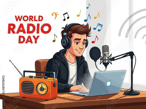 Man recording podcast with headphones and microphone