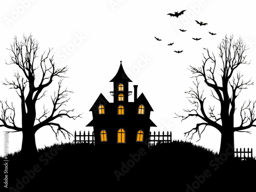 Spooky haunted house silhouette with bare trees and flying bats against a white sky