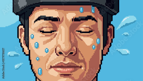 Pixel art portrait of man sweating during workout