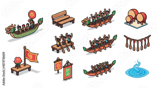 Festive dragon boat and festival icons in pixel art style