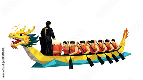 Polygonal dragon boat race with paddlers and drummer in traditional attire on white background