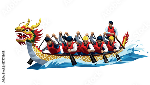 Dragon boat race with team paddling in low poly style
