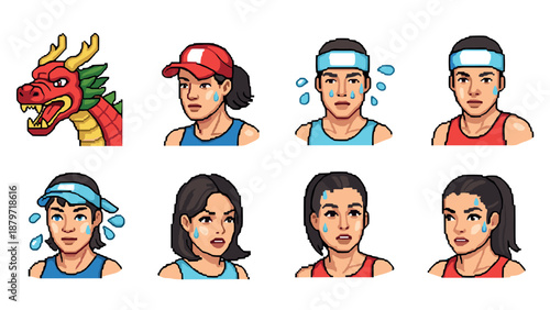 Pixel art expressions: animated characters showing emotions while exercising with dragon mascot