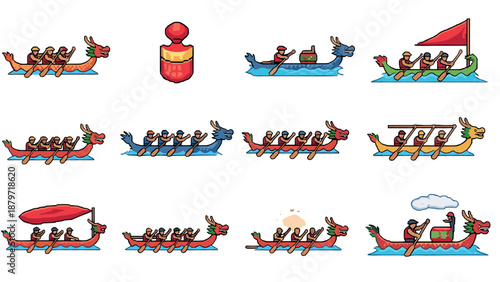 Pixel art dragon boat festival race with colorful crews and traditional elements
