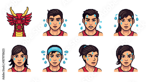 Pixel art character expressions with dragon emblem: emotion set in retro style