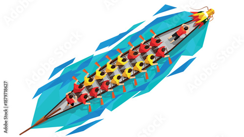 Dynamic dragon boat race with paddlers in isometric style on turbulent water