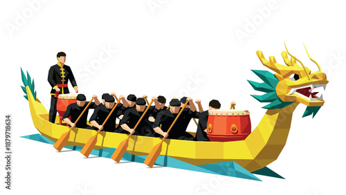 Colorful polygonal dragon boat racing with team rowing and drummer