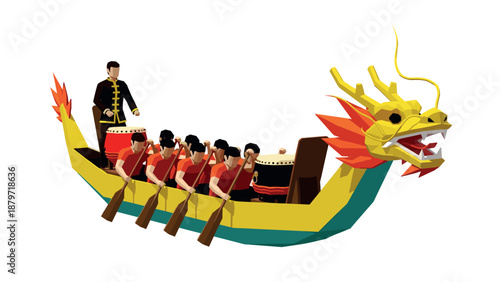 Colorful low poly dragon boat racing team with drummer and paddlers