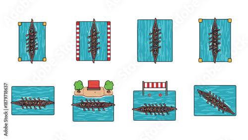 Top view of dragon boat race with vibrant teams and race course elements