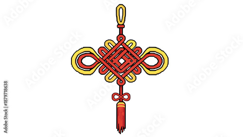 Pixel art chinese knot pendant with red and gold infinity patterns
