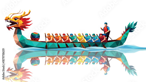Colorful geometric dragon boat with rowers racing on water