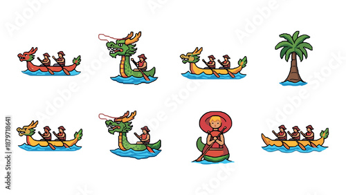 Pixel art dragon boat festival with palm tree and traditional elements