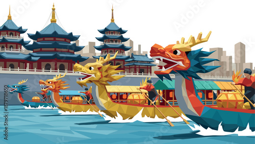 Colorful geometric dragon boats racing in front of traditional chinese architecture