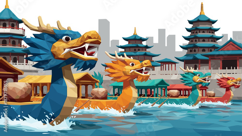 Colorful geometric dragon boats in traditional asian water festival