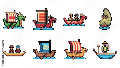 Pixel art style boating adventures: dragon boats, canoes, and sailboats