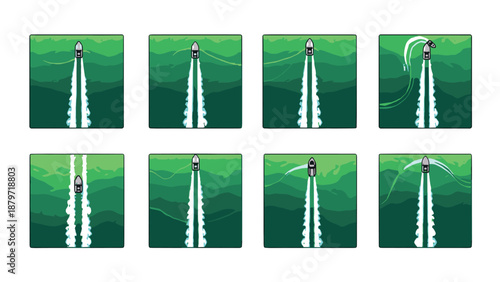 Retro pixel art animation frames of rocket launch in green sky