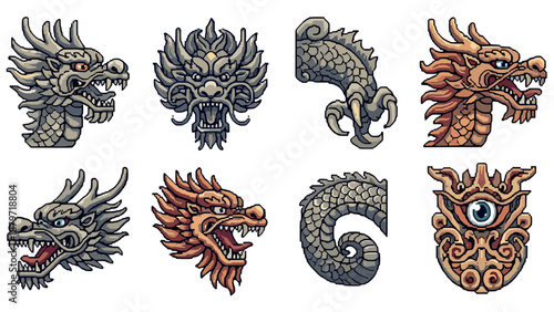 Intricate pixel art dragon heads and elements in detailed style