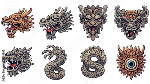 Intricate dragon heads and serpentine designs in detailed pixel art