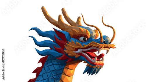Low poly dragon head with vibrant geometric colors and fierce expression