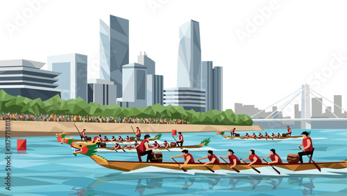 Dragon boat racing in modern cityscape with geometric skyline and vibrant colors