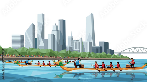 Dragon boat racing in modern cityscape with geometric skyscrapers and river scene