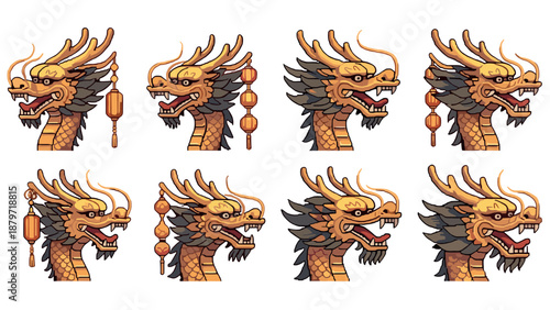 Pixel art dragon heads with lanterns in retro style