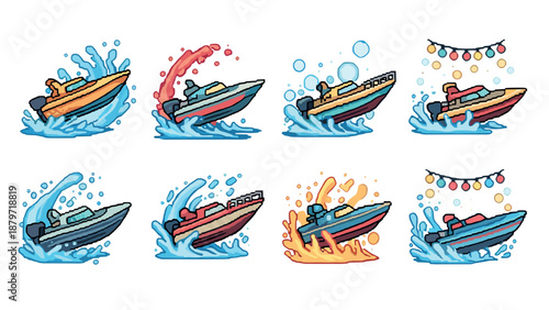 Colorful pixel art speedboats with water splashes and decorative elements