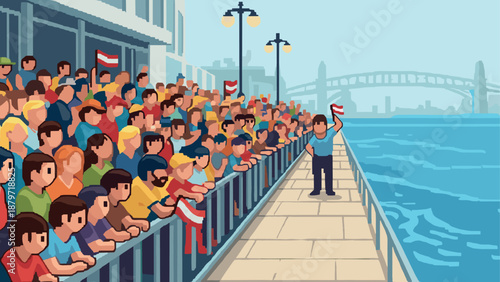 Crowded waterfront gathering with banners in retro pixel art style