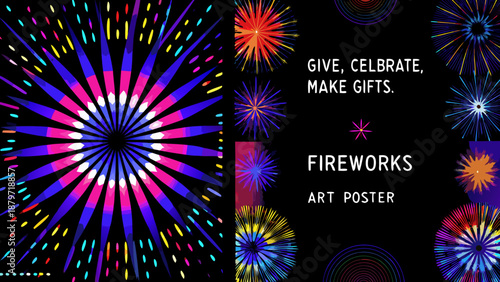 Vibrant fireworks display with celebratory text and art poster elements